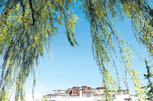 绿柳蓝天下的布达拉宫-布达拉宫-甘肃日报