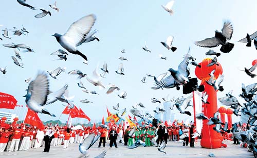 天津市群众放飞和平鸽迎奥运