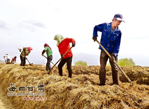 红山窑乡农民在搅拌食用菌种植原料