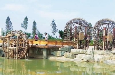 游客在庆城县岐黄养生运动公园游玩