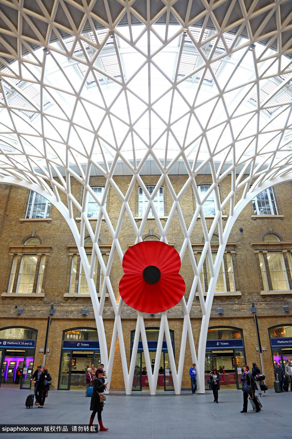 伦敦国王十字火车站挂起巨型罂粟花-伦敦|火车站