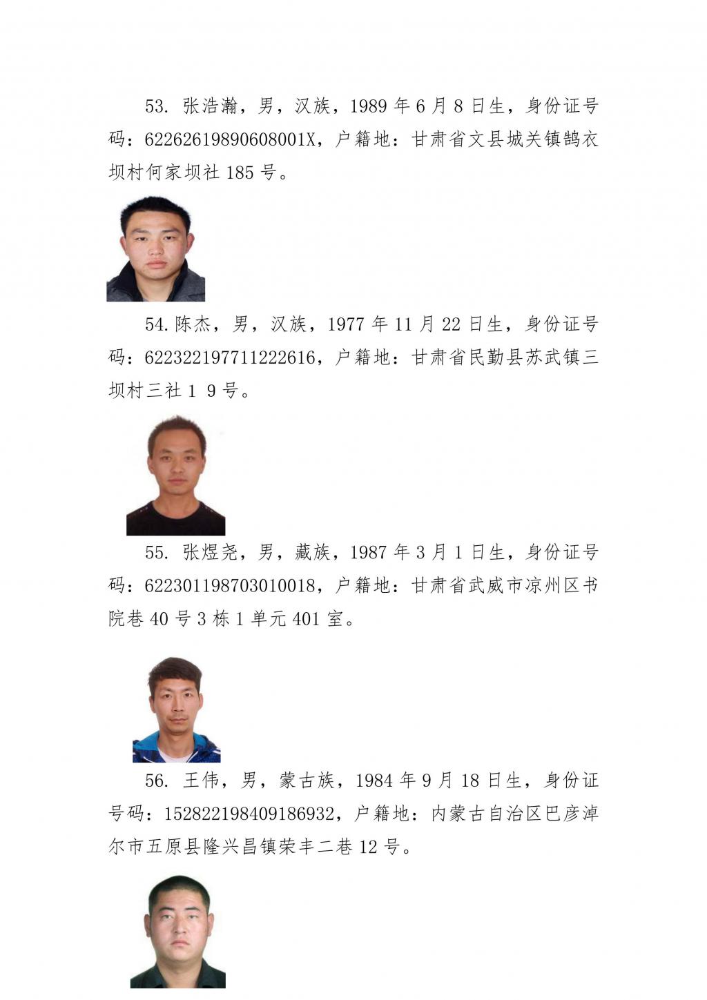 甘肃省公安厅关于公开通缉郭晓冬等100名违法犯罪在逃人员的通告