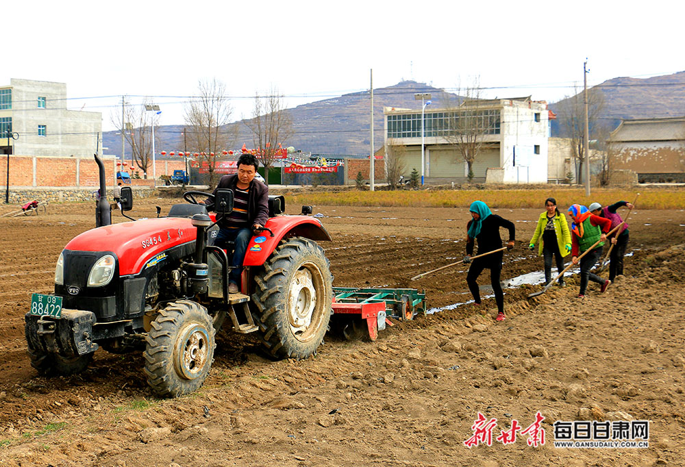 图为岷县十里镇曹家村群众正在用农机耕地覆膜img_0289.jpg